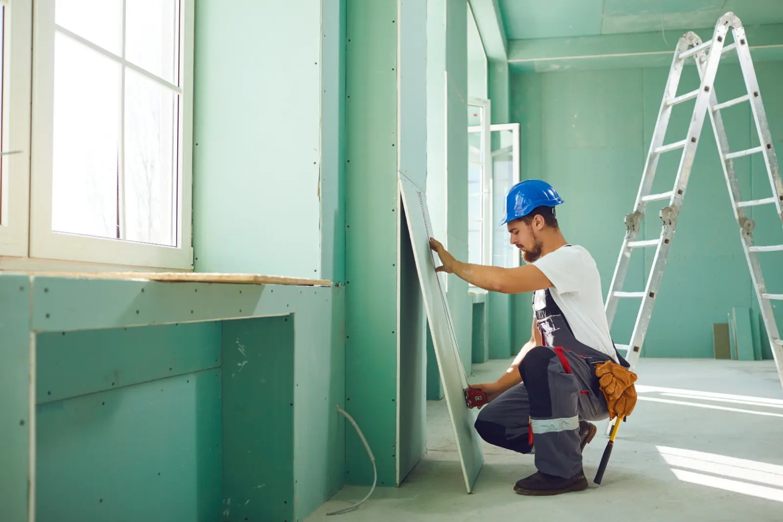 Proper Mudding Vital. Worker builder installs plasterboard drywall at a construction