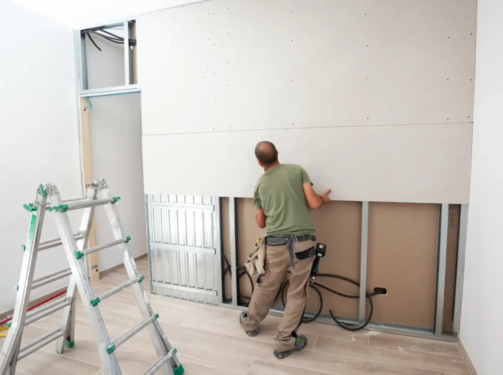 Textured Plasterboard Worker building plasterboard wall