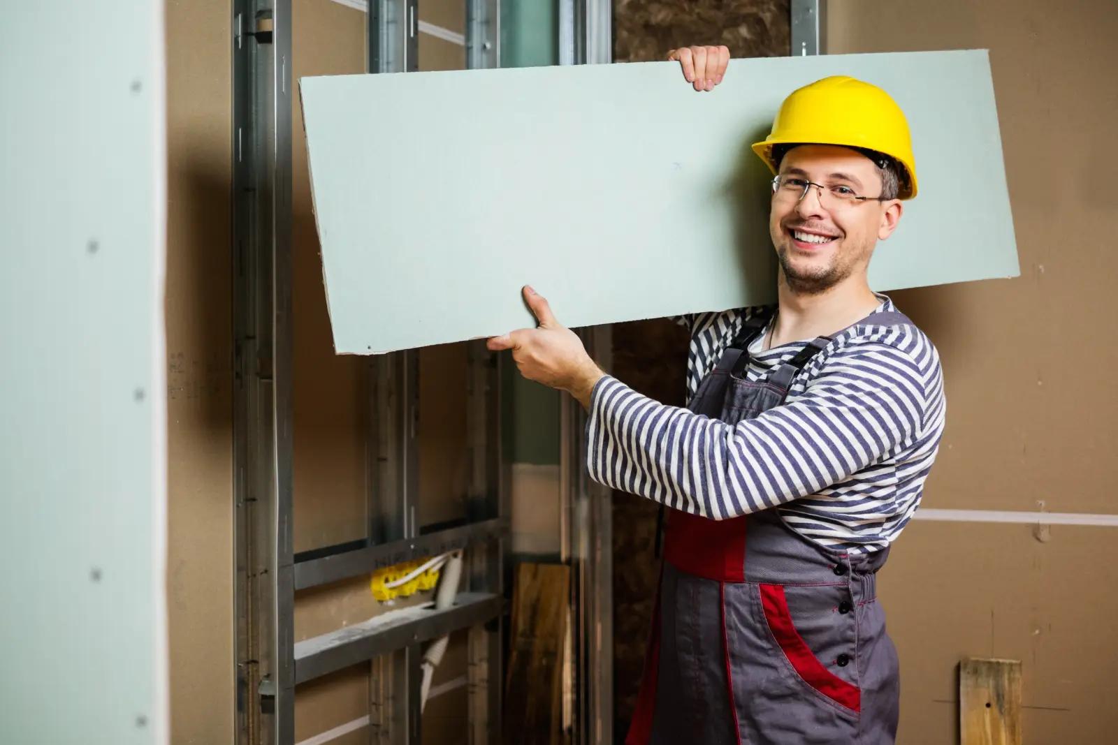 Flawless Drywall Joints. Builder with plasterboard in new building interior