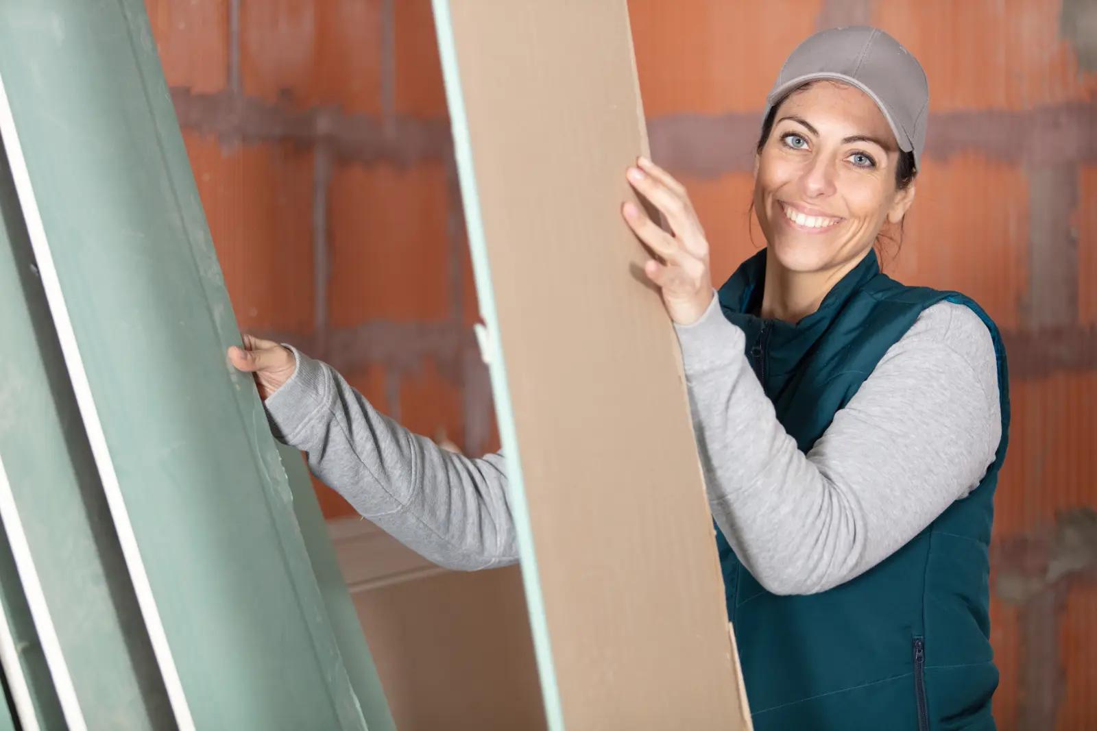 Ceiling Mudding Techniques. female worker carry styrofoam sheet insulation at construction site