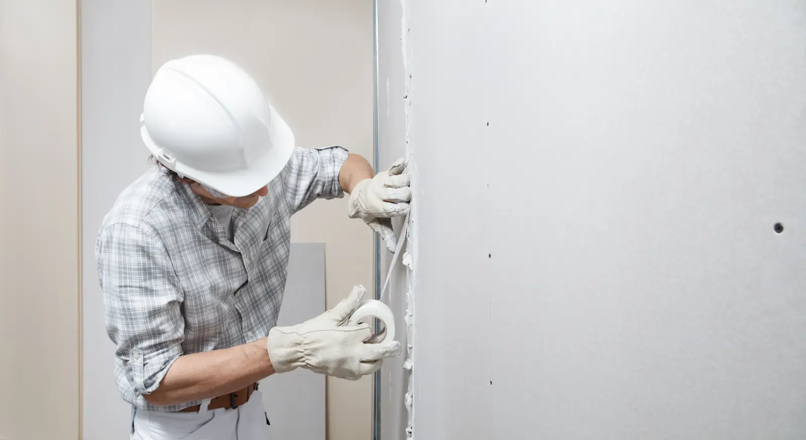 Drywall Mudding. man drywall worker or plasterer putting mesh tape for plasterboard on a wall using a spatula and plaster.